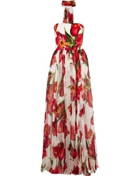 Dolce & Gabbana Floral Print Silk Blend Matelass And Chiffon Gown Red