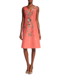 Carolina Herrera Sleeveless Floral Embellished Dress Coral