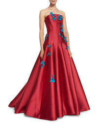 Monique Lhuillier Floral Appliqu Strapless A Line Gown Rose Red