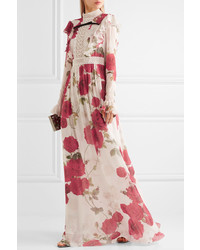 Giambattista Valli Lace Paneled Floral Print Silk Chiffon Gown Red