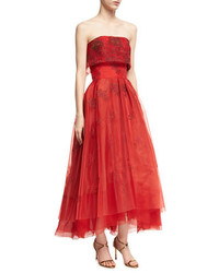 Zac Posen Strapless Floral Popover Midi Gown Red Medley