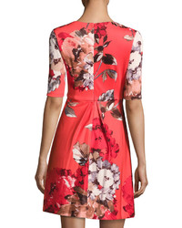 Taylor Floral Print Scuba Fit Flare Dress Red Pattern