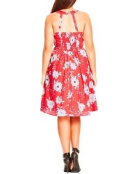 City Chic Floral Sketch Halter Style Fit Flare Dress