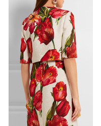 Dolce & Gabbana Cropped Floral Print Cotton Blend Matelass Jacket Red