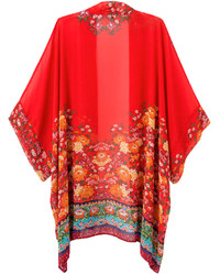 Choies Red Floral Batwing Sleeve Kimono Coat