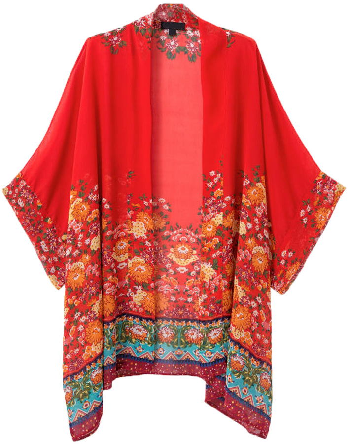 Choies Red Floral Batwing Sleeve Kimono Coat, $26 | Choies | Lookastic