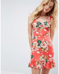 Asos Mini Sundress With Lace Up Back And Peplum Hem In Red Floral