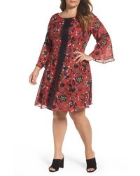 Gabby Skye Plus Size Lace Trim Floral Bell Sleeve Dress