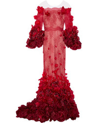 Marchesa Off The Shoulder Floral Appliqud Chantilly Lace Gown Claret