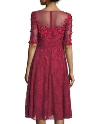 Rickie Freeman For Teri Jon 34 Sleeve 3 D Floral Lace Midi Cocktail Dress