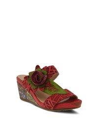 Red Floral Leather Wedge Sandals