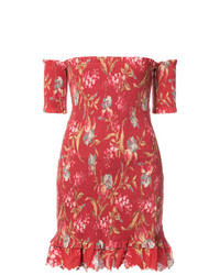 Red Floral Linen Off Shoulder Dress