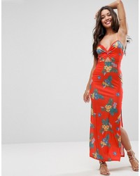 Asos Maxi Dress With Cut Out Front In Red Based Floral