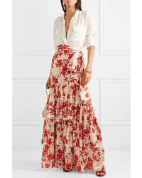 Johanna Ortiz Tiered Floral Print Cotton Tte Maxi Skirt