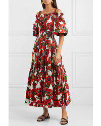 Dolce & Gabbana Cold Shoulder Floral Print Cotton Poplin Midi Dress