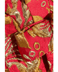 Prada Metallic Floral Jacquard Midi Dress Red