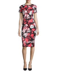Neiman Marcus Short Sleeve Floral Print Neoprene Midi Dress Red