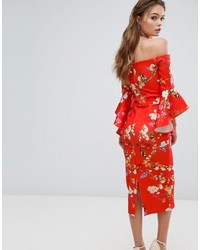 True Violet Bardot Midi Dress With Frill Sleeve In Red Floral