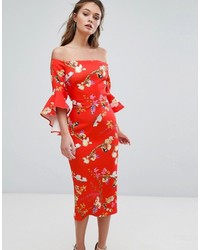 True Violet Bardot Midi Dress With Frill Sleeve In Red Floral