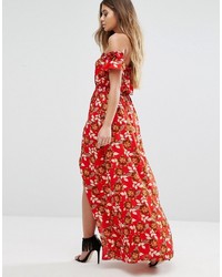 Boohoo Bardot Floral High Split Maxi Dress