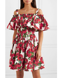 Dolce & Gabbana Cold Shoulder Floral Print Cotton Poplin Mini Dress