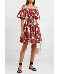 Dolce & Gabbana Cold Shoulder Floral Print Cotton Poplin Mini Dress