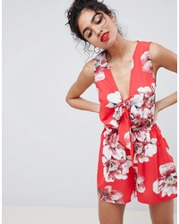 Parisian Floral Playsuit With Ruffle Shoulder And Bow Tie