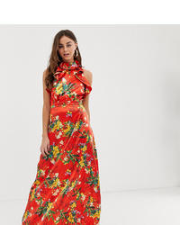 PrettyLittleThing Maxi Dress With Frill Detail In Red Floral Satin