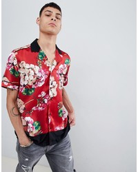 Mennace Floral Hem Block Shirt In Red