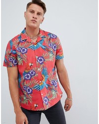 ASOS DESIGN Oversized Floral Printed Shirt In Red With Revere Collar