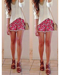 Choies Red Floral Elastic Waist Twisted Ball Embellished Shorts