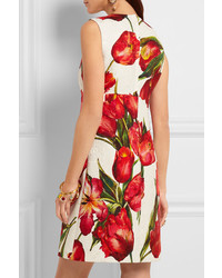 Dolce & Gabbana Floral Print Cotton Blend Matelass Mini Dress Red