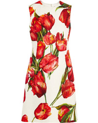 Dolce & Gabbana Floral Print Cotton Blend Matelass Mini Dress Red