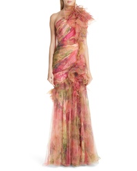 Marchesa Floral One Shoulder Silk Evening Dress