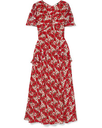 RIXO Evie Ruffled Floral Print Silk De Chine Dress