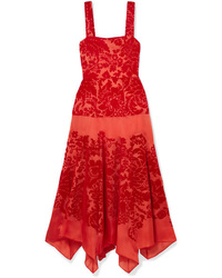 Red Floral Silk Midi Dress