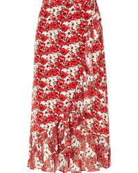 Red Floral Silk Midi Skirt