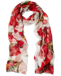 Dolce & Gabbana Floral Print Silk Chiffon Scarf Red