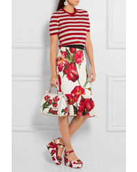 Dolce & Gabbana Fluted Floral Print Stretch Silk Skirt Red
