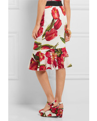 Dolce & Gabbana Fluted Floral Print Stretch Silk Skirt Red