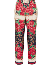 Red Floral Silk Wide Leg Pants
