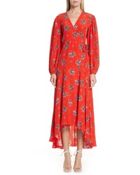 Red Floral Silk Wrap Dress