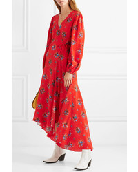 Ganni Floral Print Washed Silk Wrap Dress