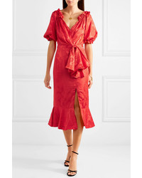 Saloni Olivia Wrap Effect Silk Satin Jacquard Midi Dress
