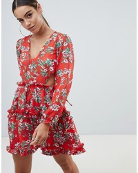 Missguided Floral And Ruffle Open Back Skater Dress