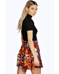 Boohoo Yasmin Tonal Floral Box Pleat Skater Skirt