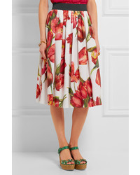 Dolce & Gabbana Floral Print Cotton Poplin Skirt Red