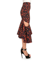 Givenchy Floral Print Draped Flounce Hem Skirt Red