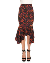 Givenchy Floral Print Draped Flounce Hem Skirt Red