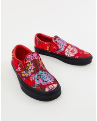 Vans Classic Slip On Red Floral Satin Trainers